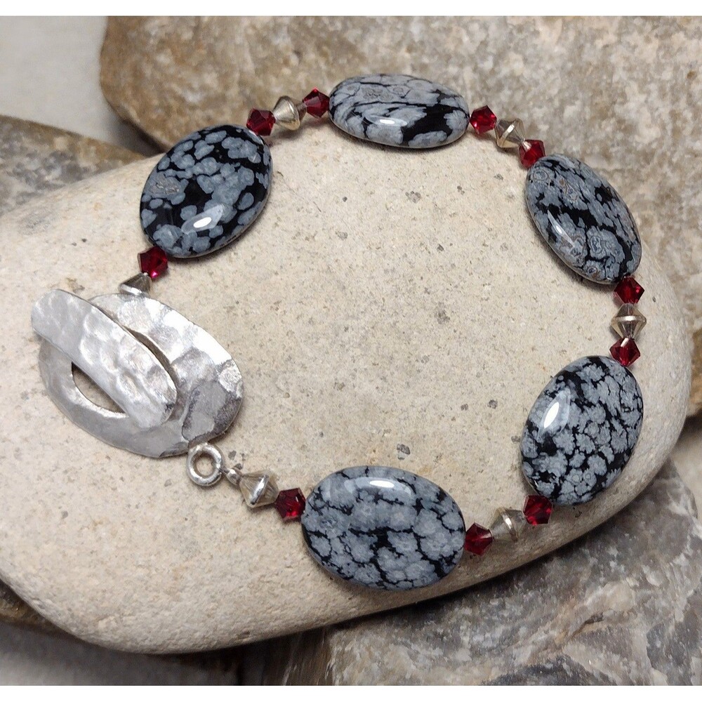 Sterling Silver .925 Snowflake Obsidian Stone Crystal Beaded Bracelet
